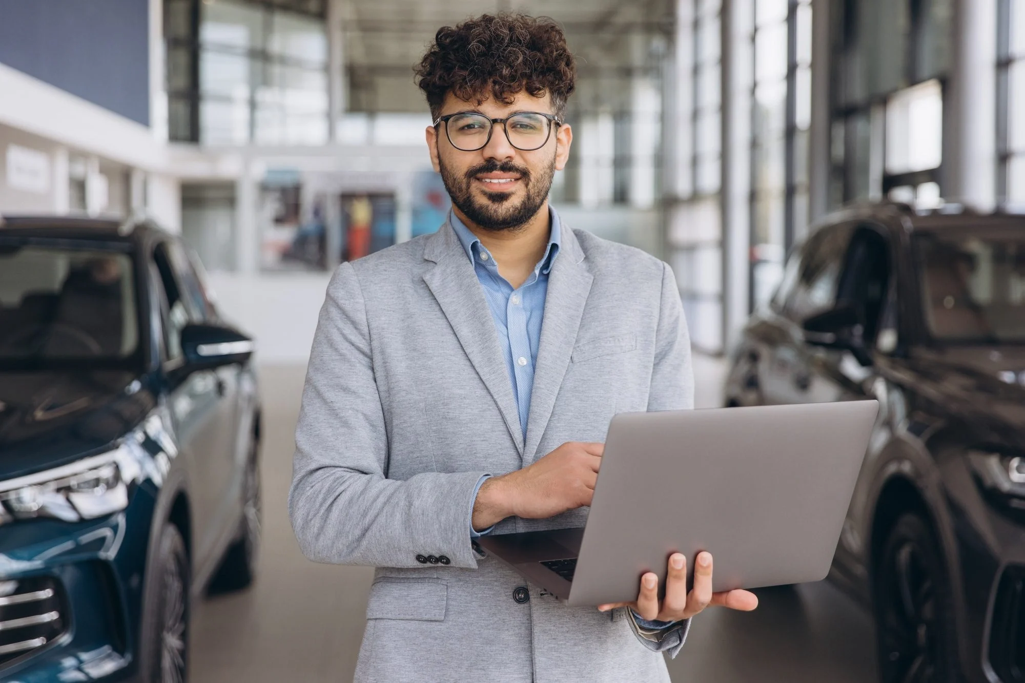 Car salesman working on laptop in car dealership showroom